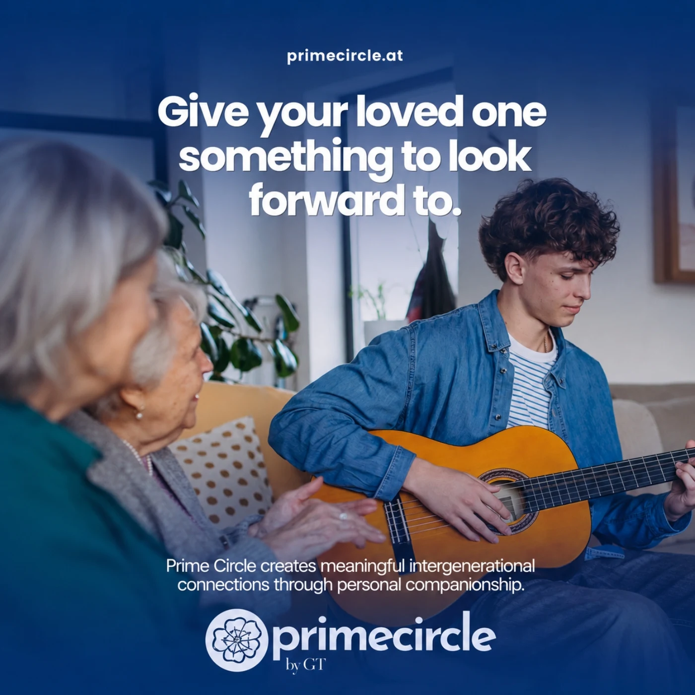 Prime Circle promotional artwork showing a young companion playing guitar beside an older adult