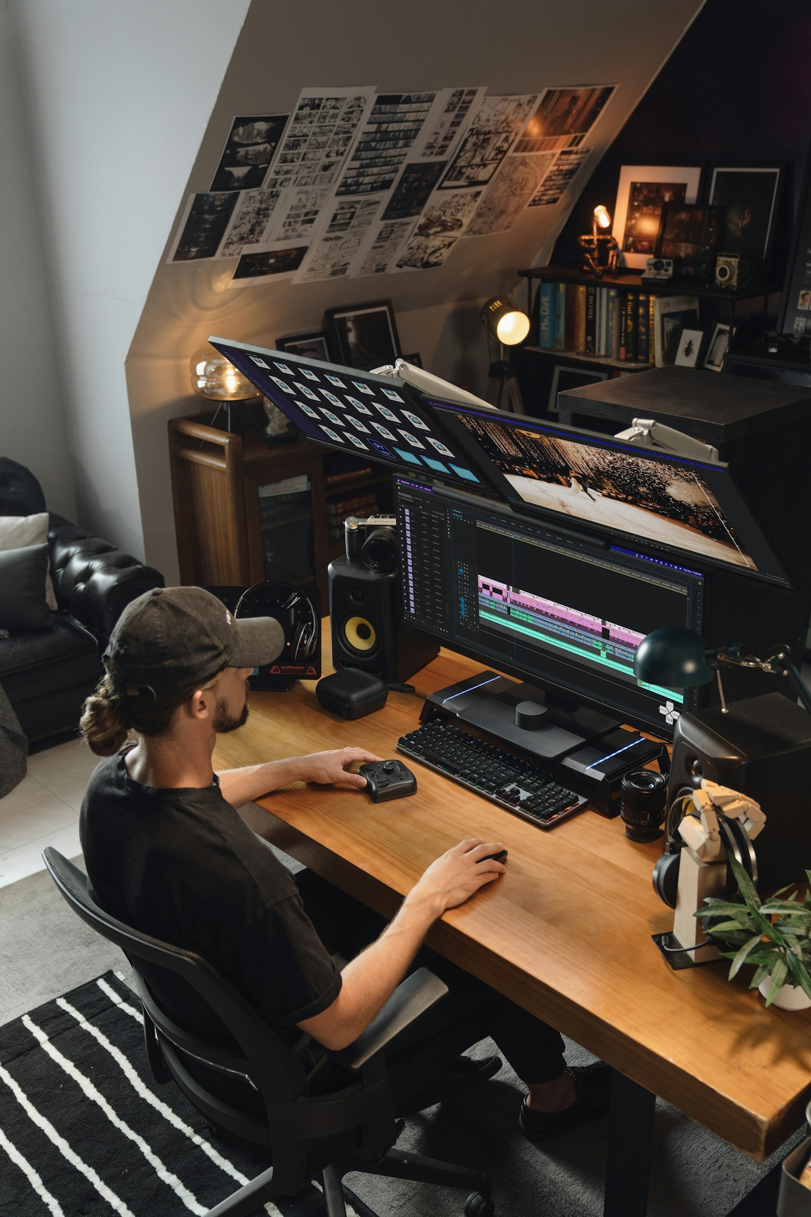 Illustrative editor working on a video timeline in a professional editing workspace