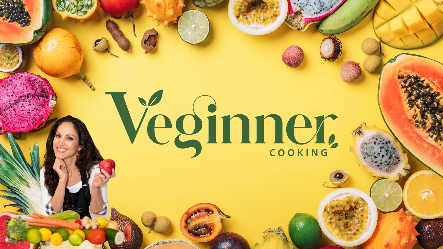 Veginner Cooking brand banner with Cheryl Martinez and colorful fruit and vegetables